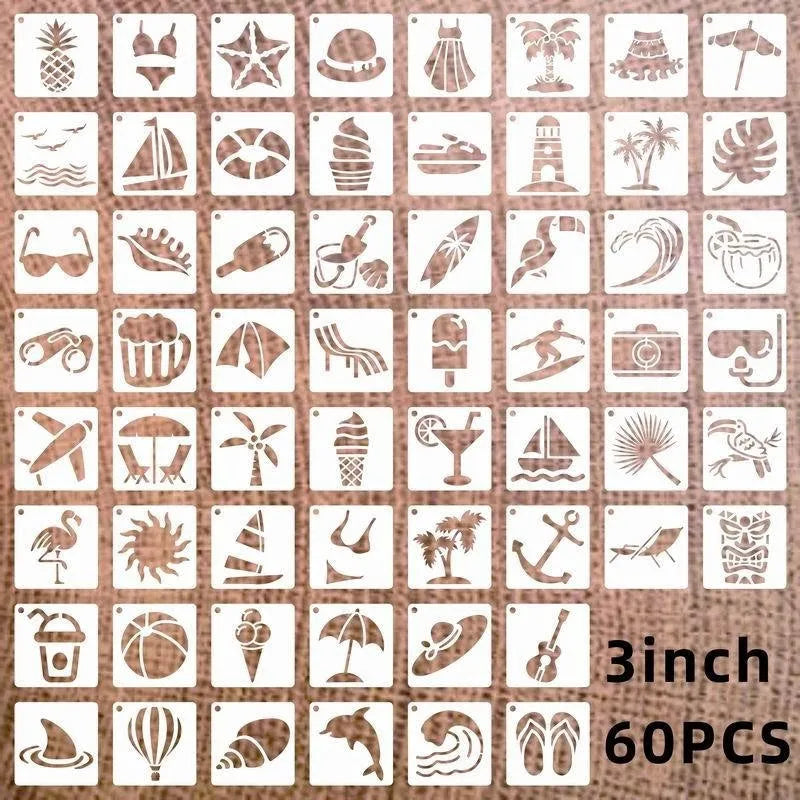 Milky white PET film 2-inch spray painting templates showing hollow cut patterns including animals, flowers, letters, and ocean themes
