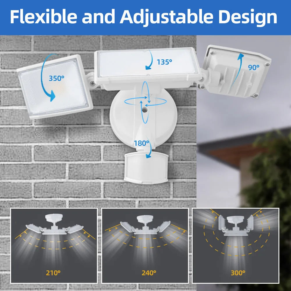 White 120V LED security flood light with motion sensor for wall or ceiling mounting.