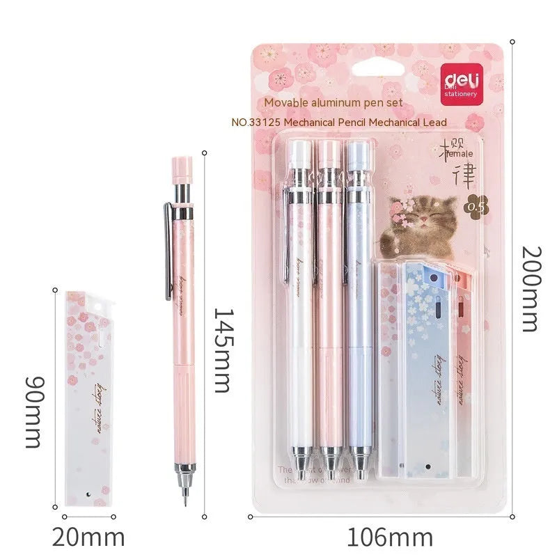 Set of three cartoon-style 0.5mm automatic pencils and boxes of HB lead refills.