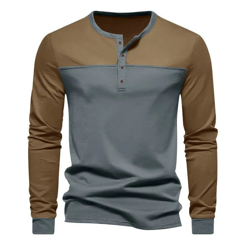 Retro long-sleeve henley collar bottoming shirt in solid beaded twill with colour-matching detail