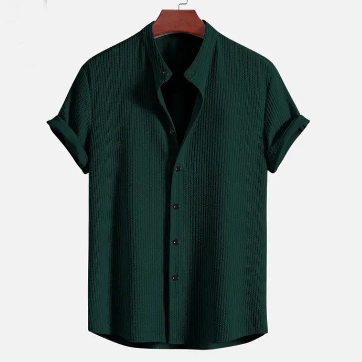 Men's loose short sleeve polyester shirt in wine red colour showing front view