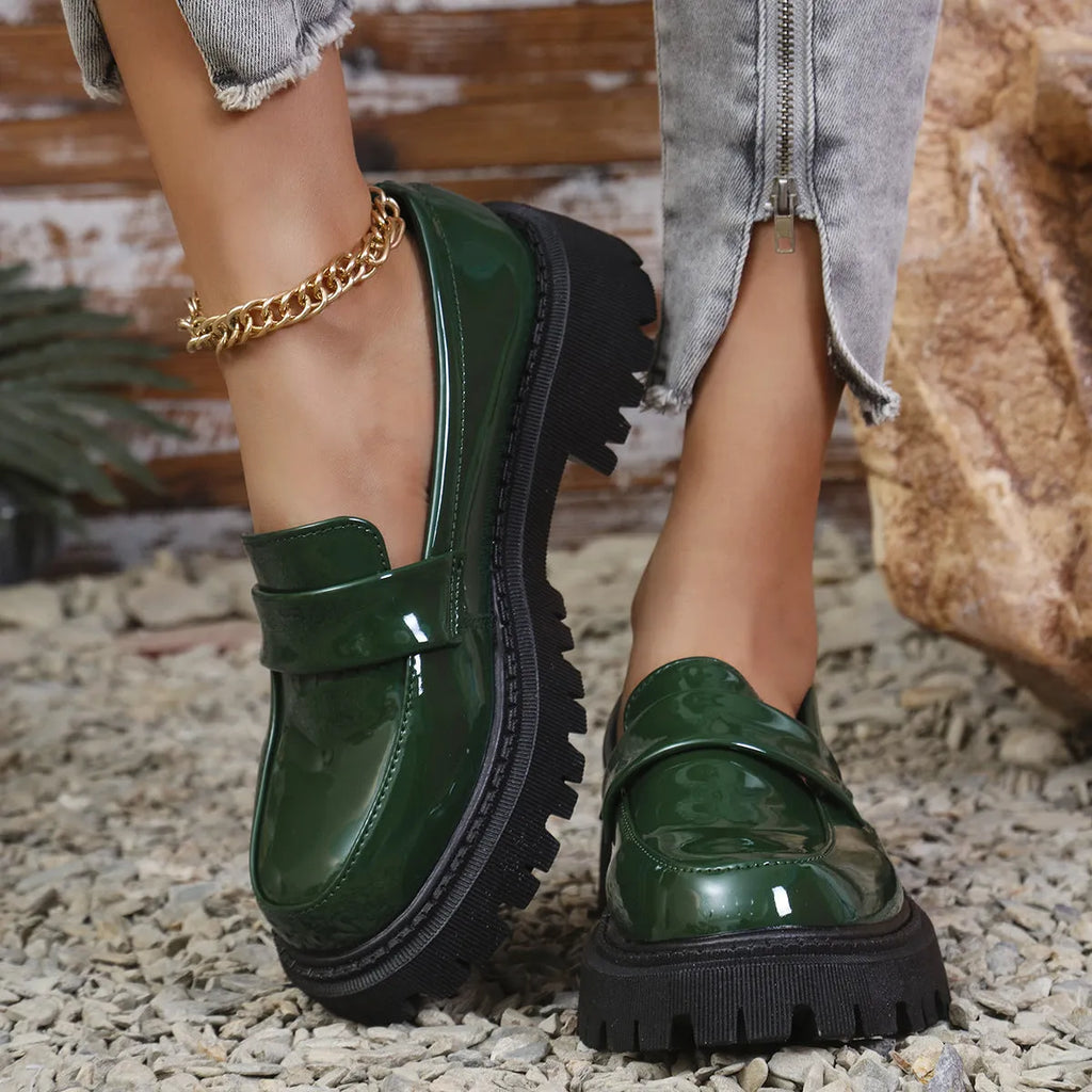 Plus size chunky heel loafers in black, wine red and green colours showing platform sole