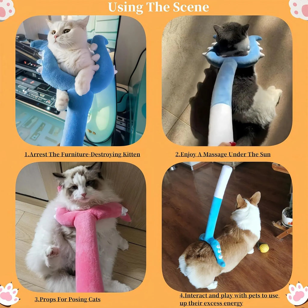 Blue and pink plush cat wand toy with foam-filled head measuring 70cm long