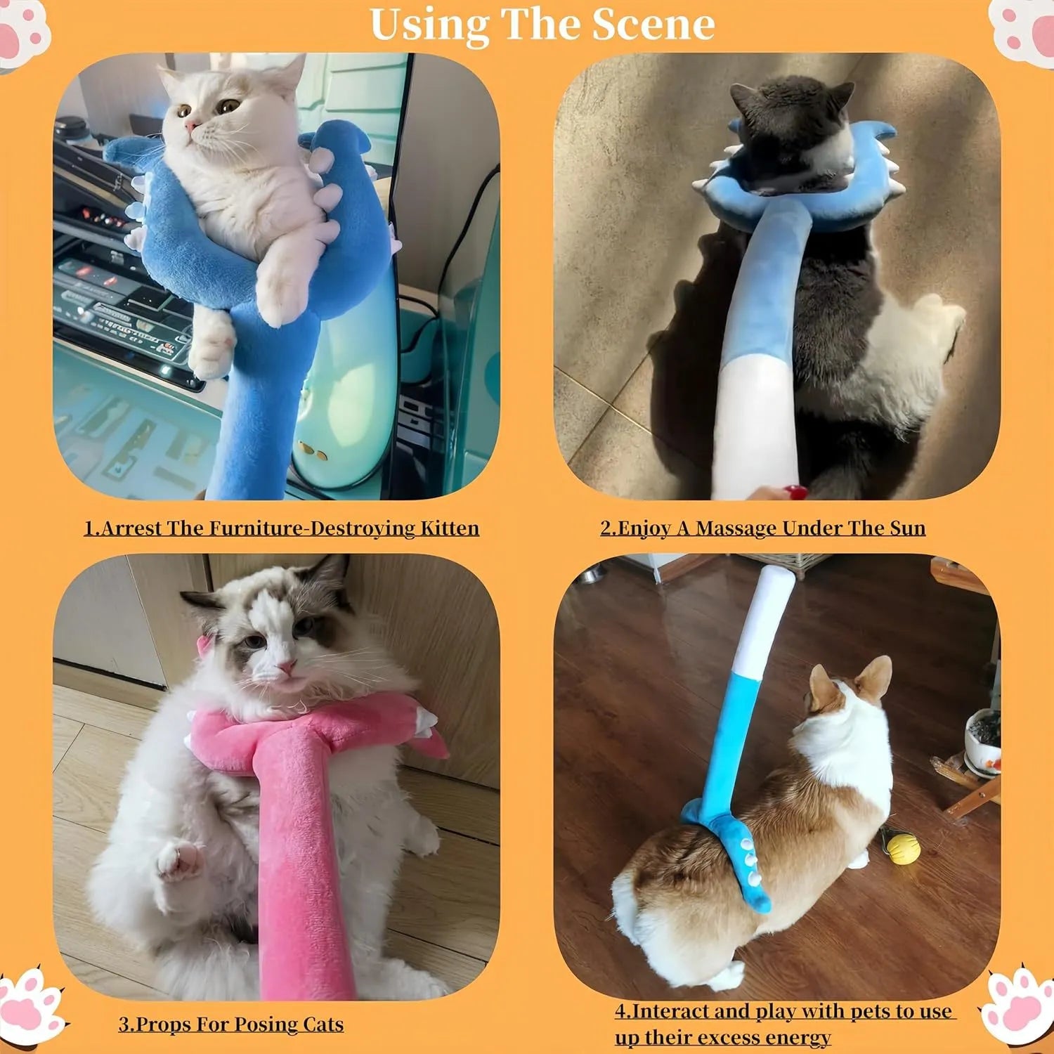 Blue and pink plush cat wand toy with foam-filled head measuring 70cm long