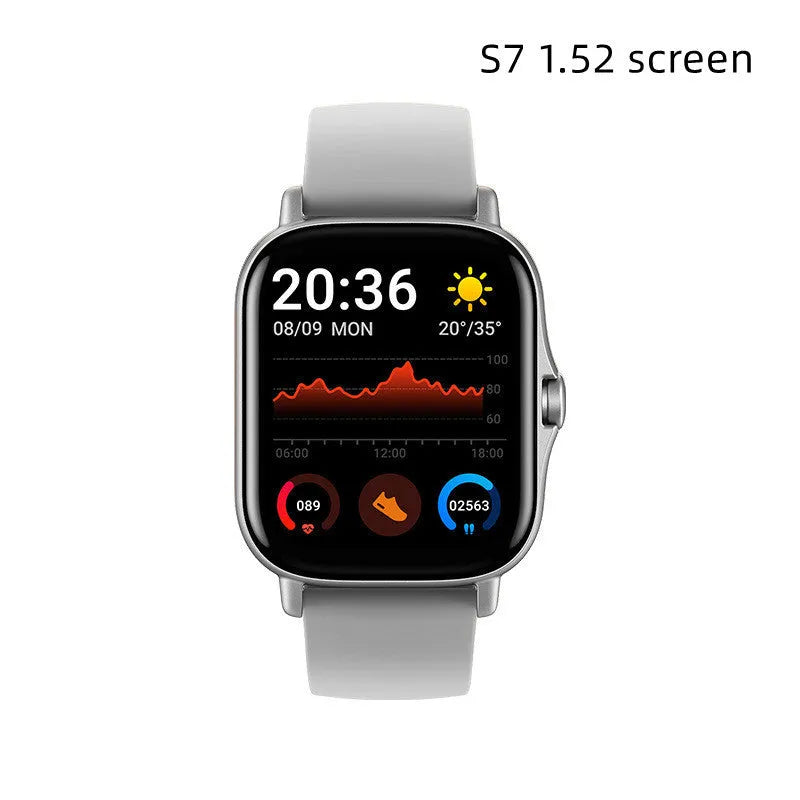 GT20 smartwatch with black silicone strap and alloy case showing heart rate monitoring on screen.