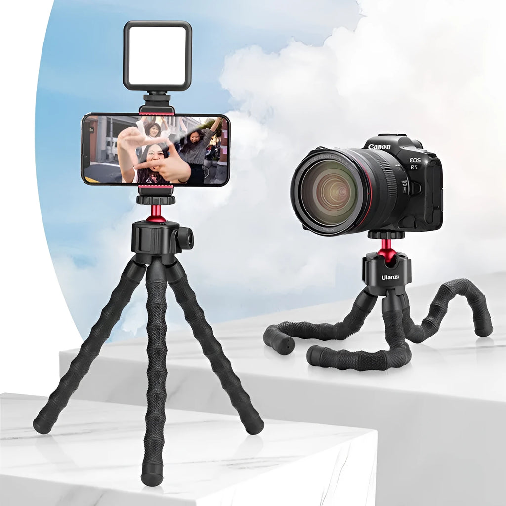 Silver aluminium photography tripod with adjustable height for video vlogging and live streaming
