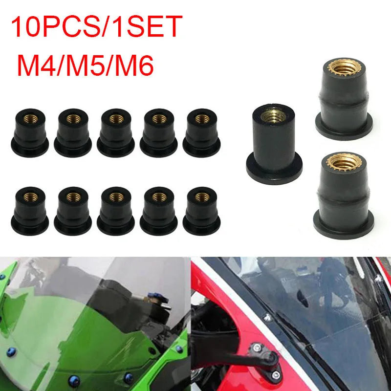 Black rubber motorcycle well nut fasteners with brass threads in M4, M5, and M6 sizes, 10 piece kit.