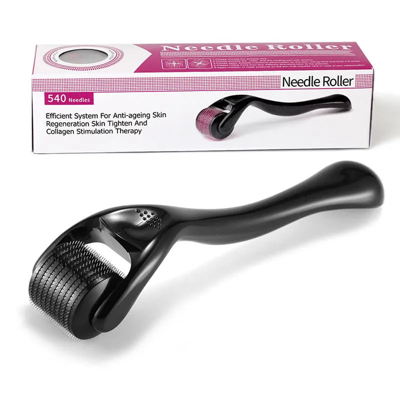 Black derma roller with 540 titanium micro-needles for face, hair, beard and scalp care