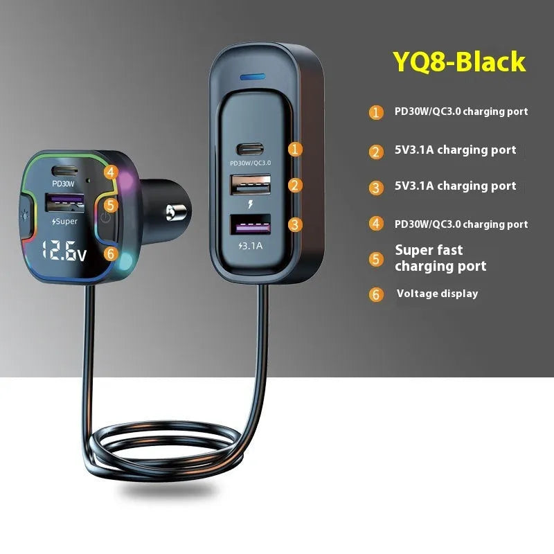 Car PD fast charger multi-interface 120W front rear YQ8 Black plugged into vehicle socket