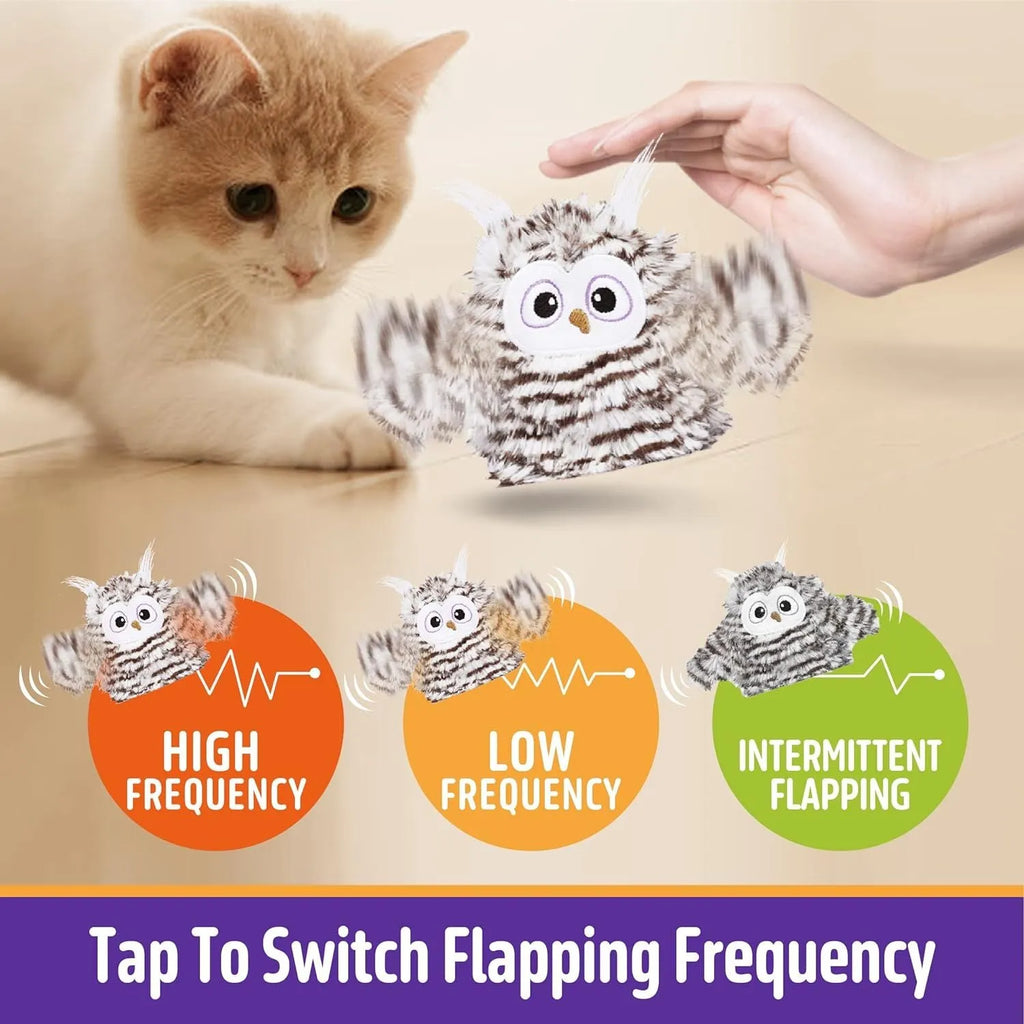 Grey owl-shaped automatic cat toy with flapping wings measuring 10×14 cm