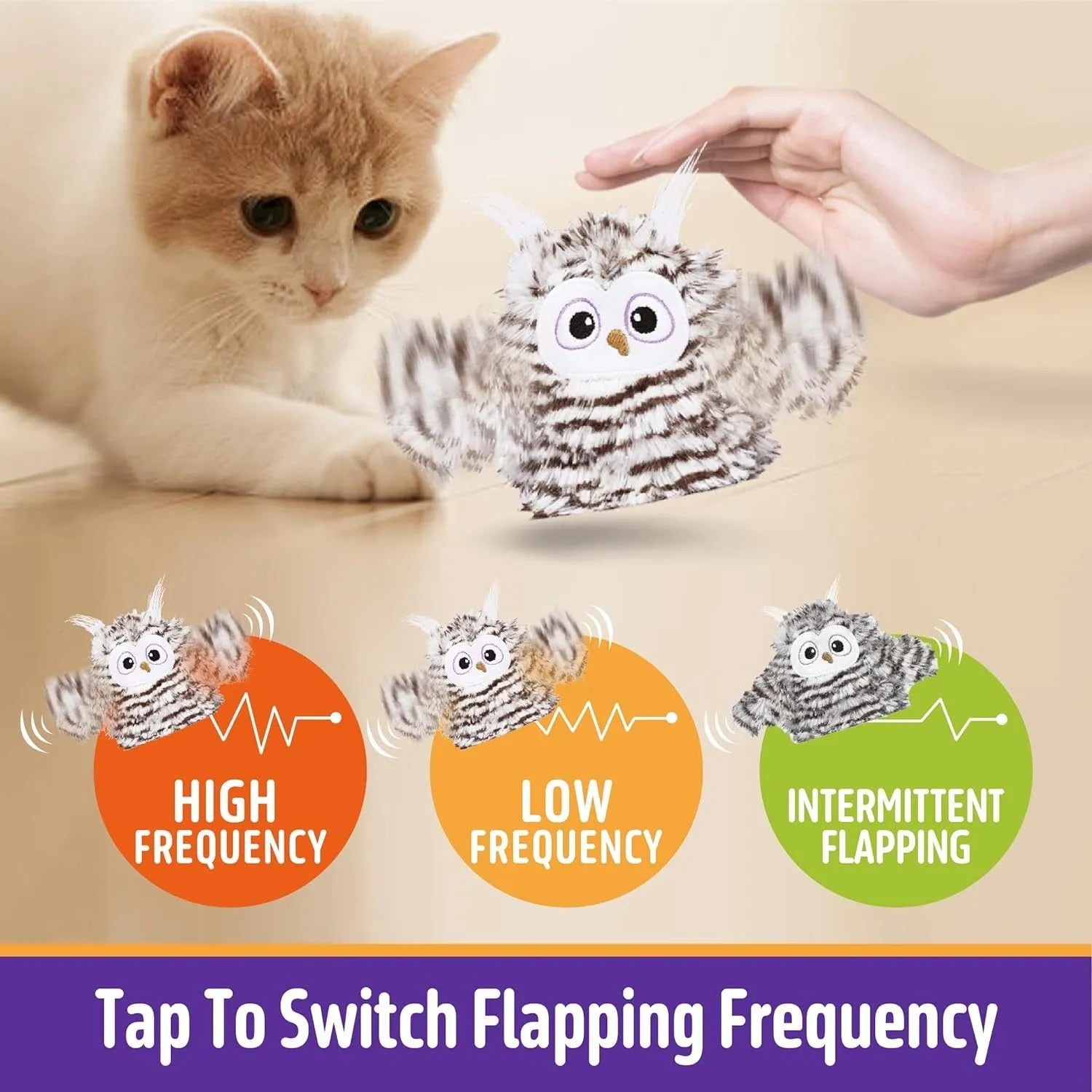Grey owl-shaped automatic cat toy with flapping wings measuring 10×14 cm