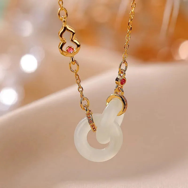 Gold-plated copper necklace with natural Hetian Jade gourd pendant on adjustable cross chain 41-50cm