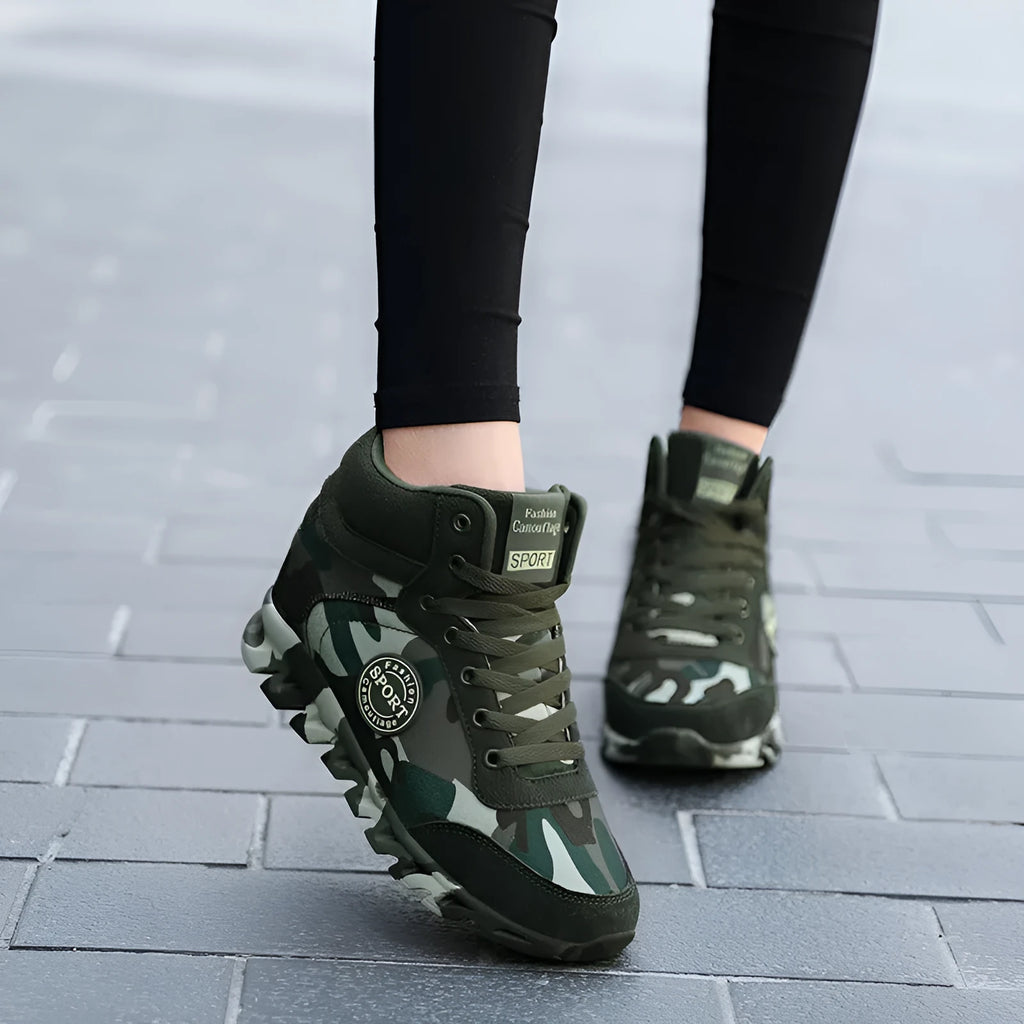 Women's green camouflage canvas sneakers with rubber soles and lace-up closure