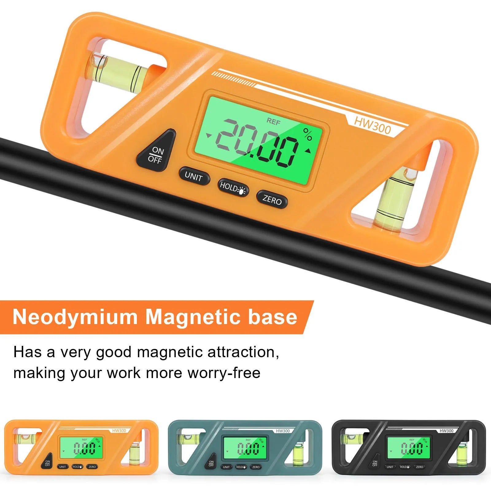 Digital magnetic inclinometer angle gauge showing display, placed on a metal surface.