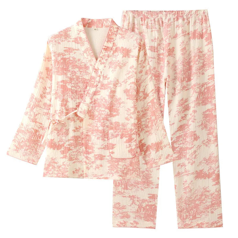 Women's pure cotton gauze loungewear suit in frosted pine trees pattern with long sleeves and trousers