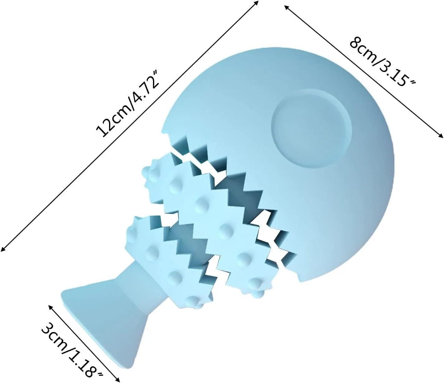 Fish bone shaped dog chew toy in blue with treat hole for dental hygiene
