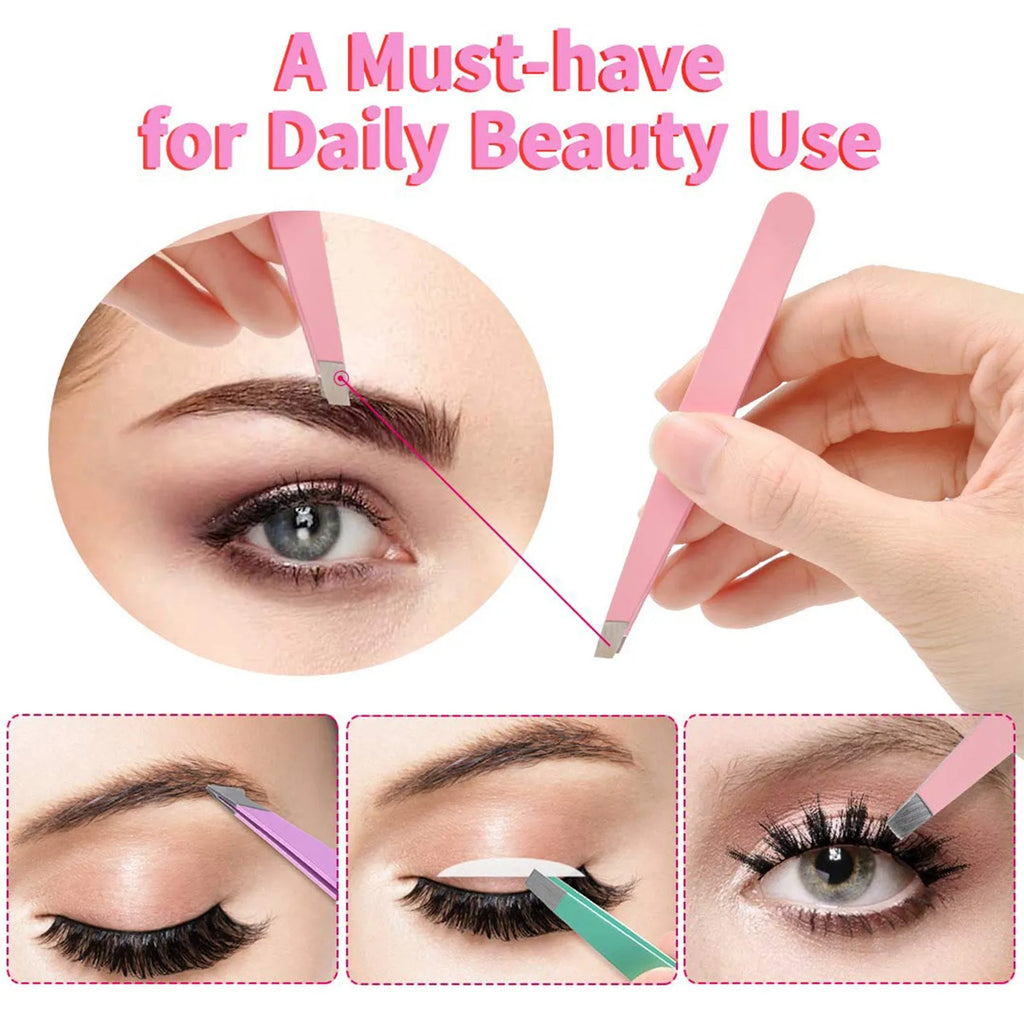 6-piece professional eyebrow tweezer set with stainless steel tools and leather case