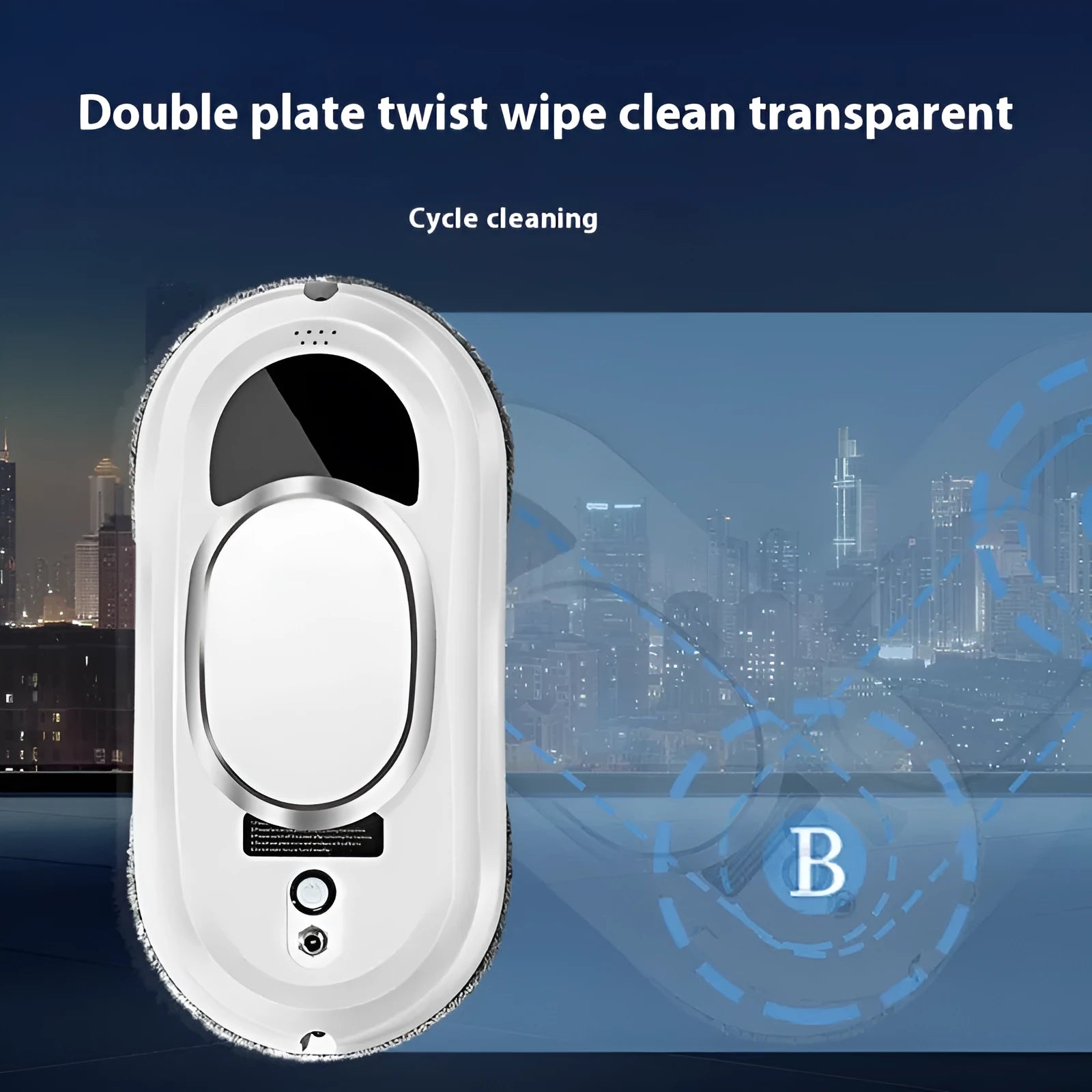 White automatic window cleaning machine with remote control and cleaning accessories on a windowsill