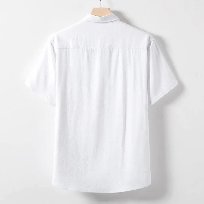 Men's loose fit short sleeve t-shirt in a linen blend fabric, shown in black, white, and optic linen colours.