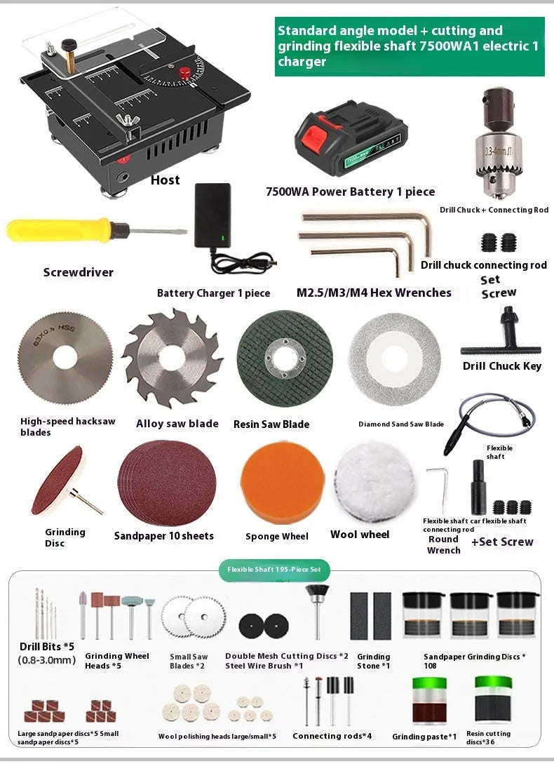 Lithium ion battery-powered desktop saw with metal construction and charging unit