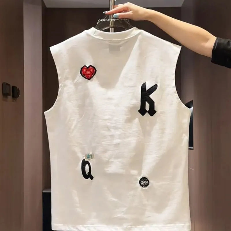 Men cartoon printed sleeveless cotton vest t-shirt in white and black, loose fit
