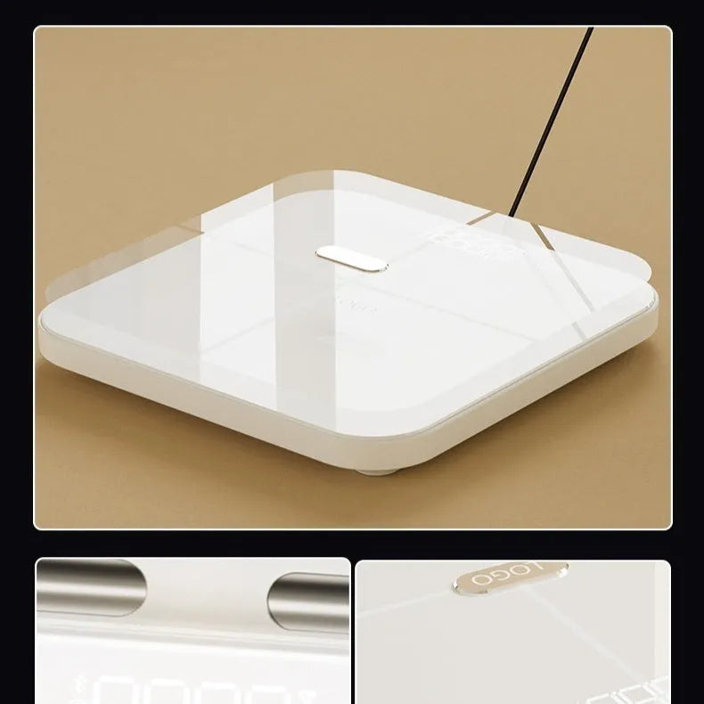 White smart body fat scale with eight electrodes and tempered glass platform measuring 30x30cm