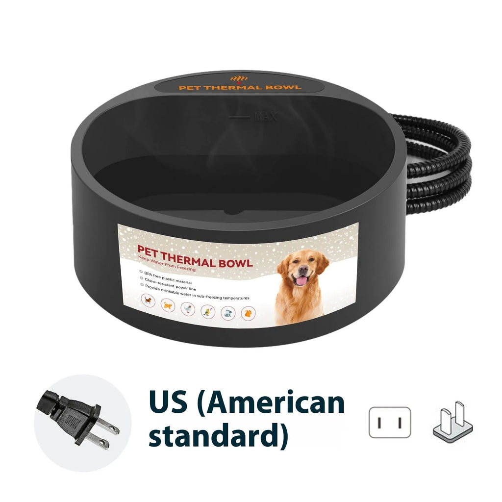 Black ABS heated pet bowl for cats and dogs with 2.2 litre capacity and 35W heating element