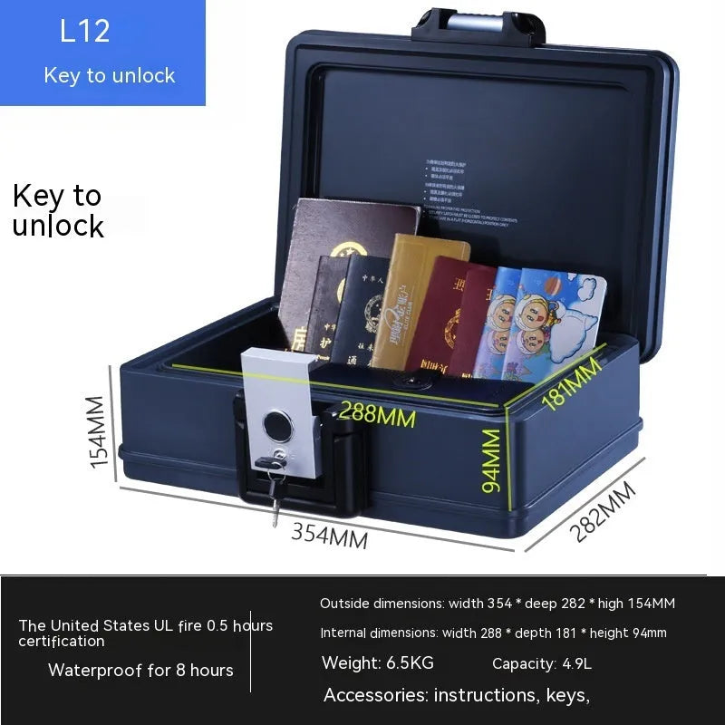 Compact L12 Mechanical 6500G portable steel safe with dual keys and anti-drill plate.