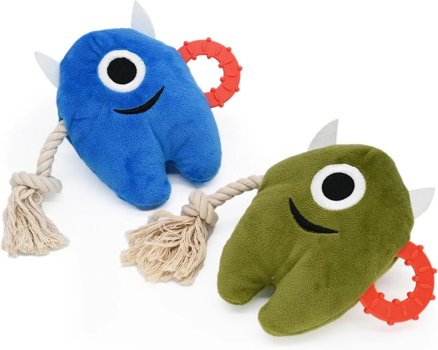 Blue and green plush dog toy with integrated cotton rope elements and squeaker