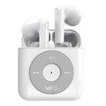 White semi-in-ear wireless Bluetooth earphones with charging case and memory card.