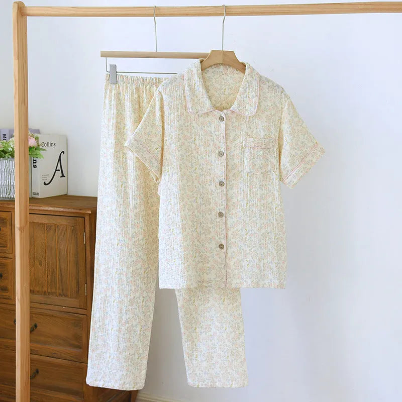 Women's washed cotton gauze short-sleeved top and loose trousers summer outfit set.