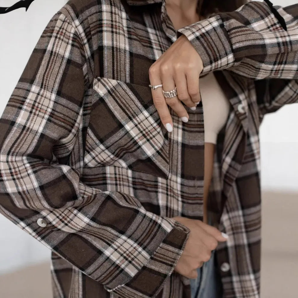Women's dark brown striped retro style cotton shirt with long sleeves and collar