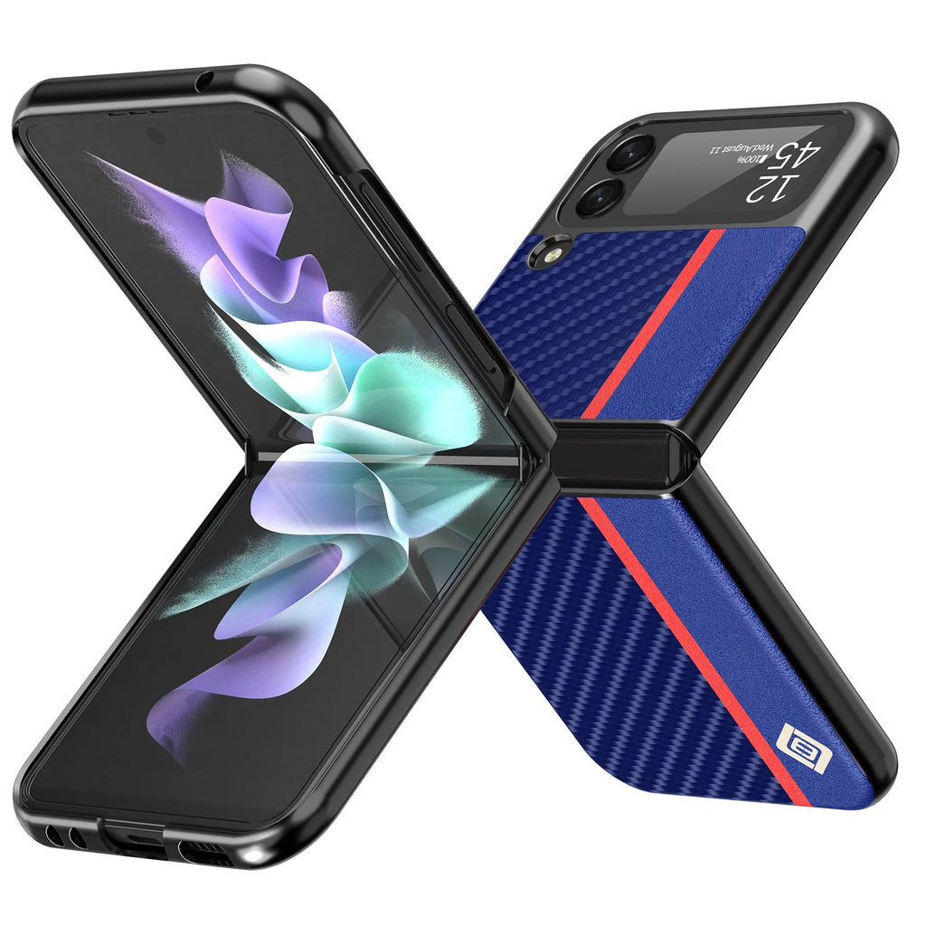 Fashion carbon fibre phone case for Samsung ZFLIP3 ZFLIP4 Zflip5 in black and blue leather finish