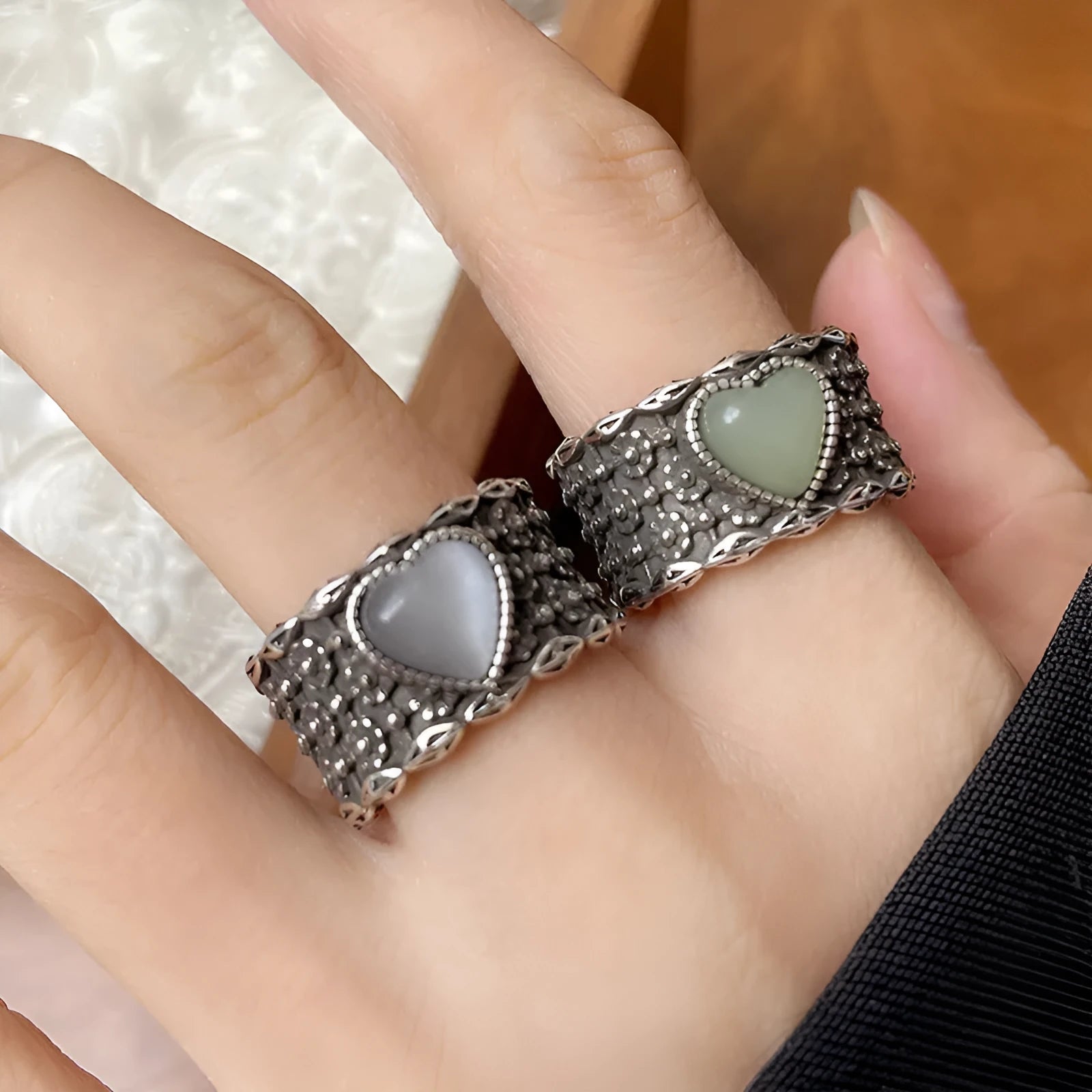 Retro wide-faced white moonlight open heart ring with adjustable opening in silver-plated white copper