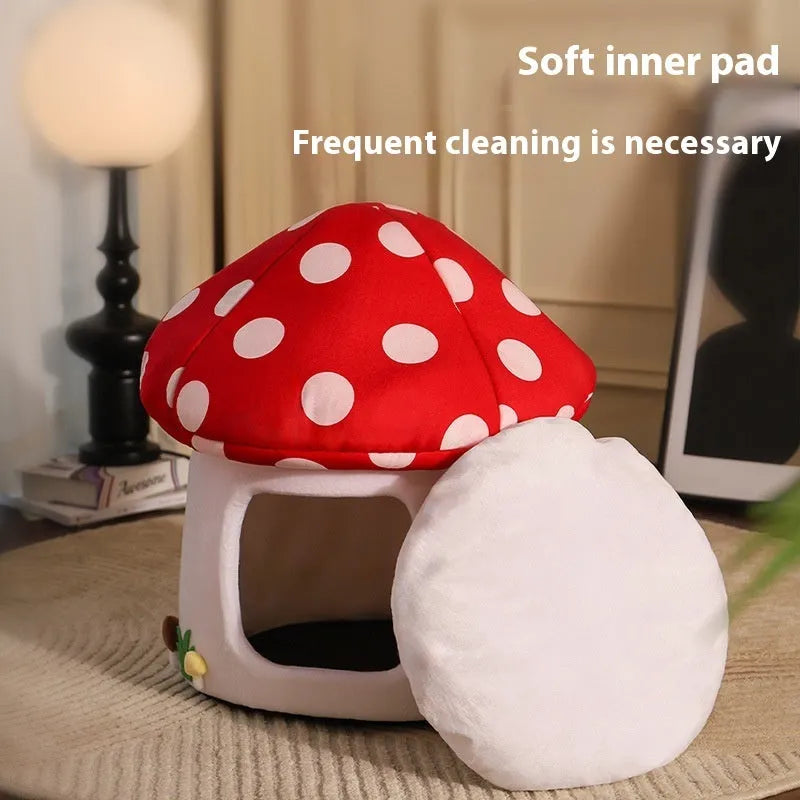 Semi-enclosed flannel cat bed mushroom design red umbrella finish for small cats indoor use
