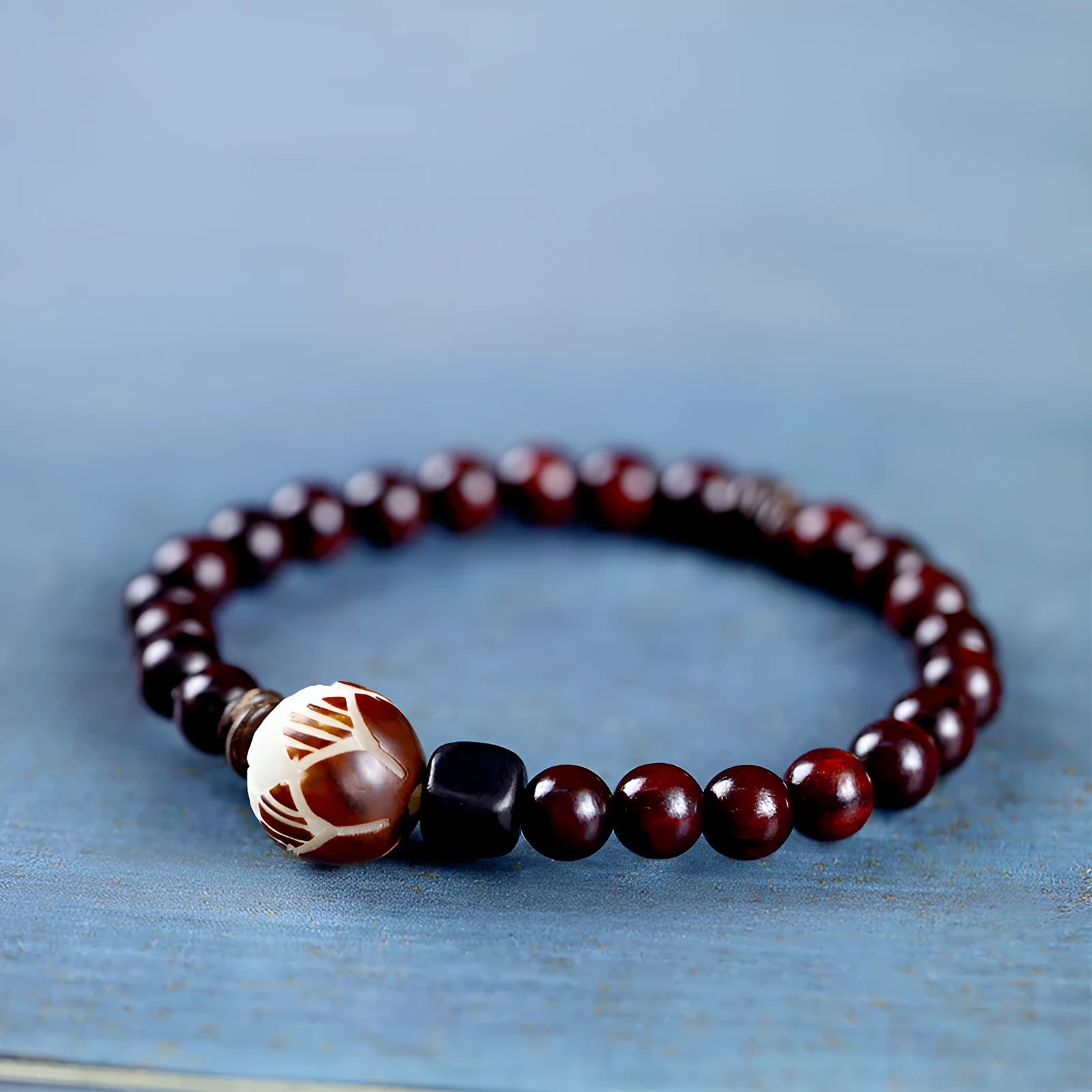 Natural rosewood bracelet with double-ring design, retro floral beads, 10mm, unisex