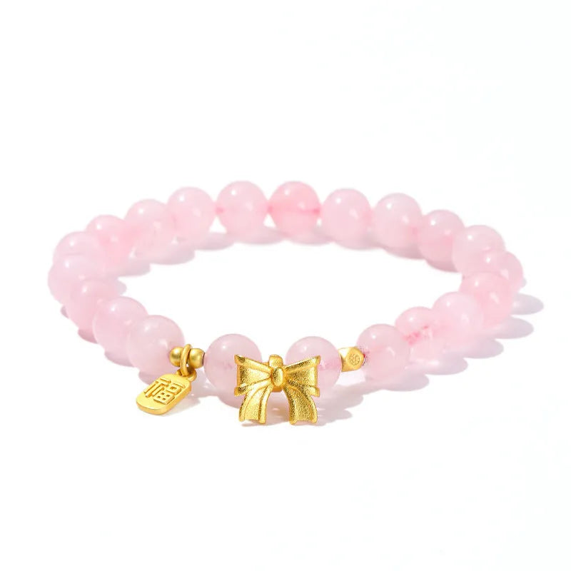 Crystal agate design bracelet with natural pink crystal and shape transfer beads on white background