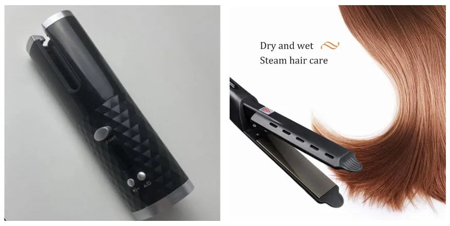 A white portable mini curling iron with a gold ceramic barrel, shown with a USB charging cable.