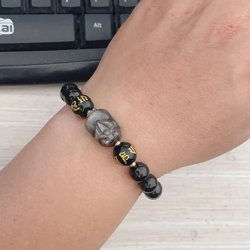 Men's silver stone bracelet with zodiac signs and Chinese proverb beads