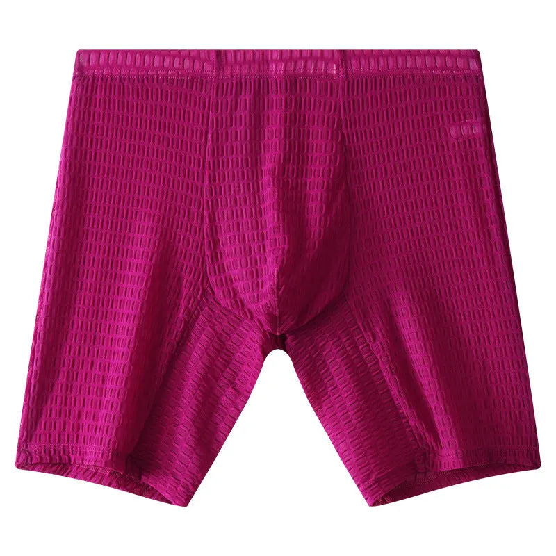 Men's white lace boxer shorts with transparent fabric and mid waist design