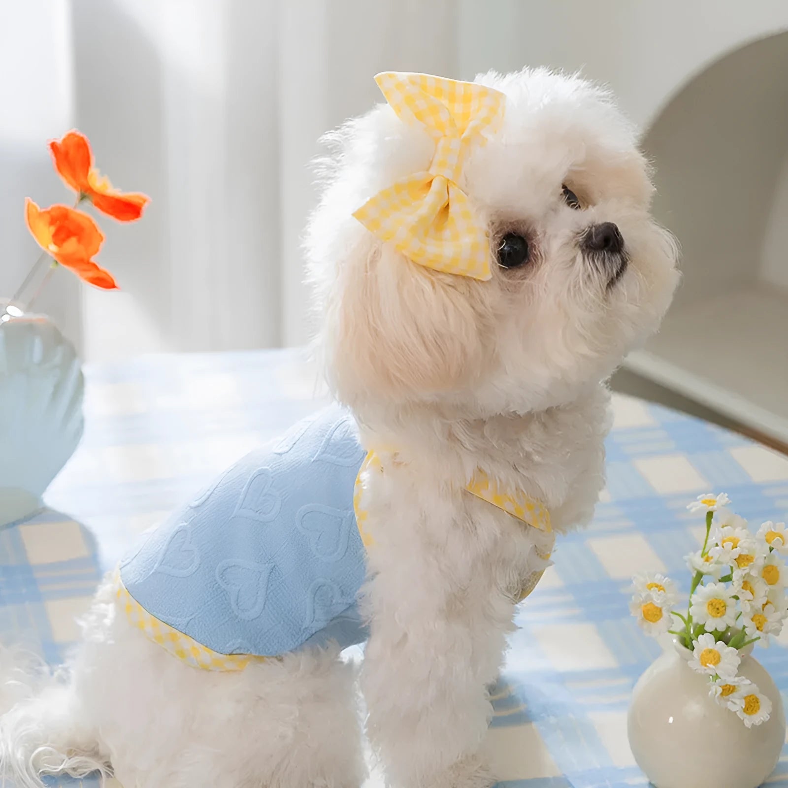 Small dog wearing a blue elastic vest with heart texture, suspenders, and a bow.
