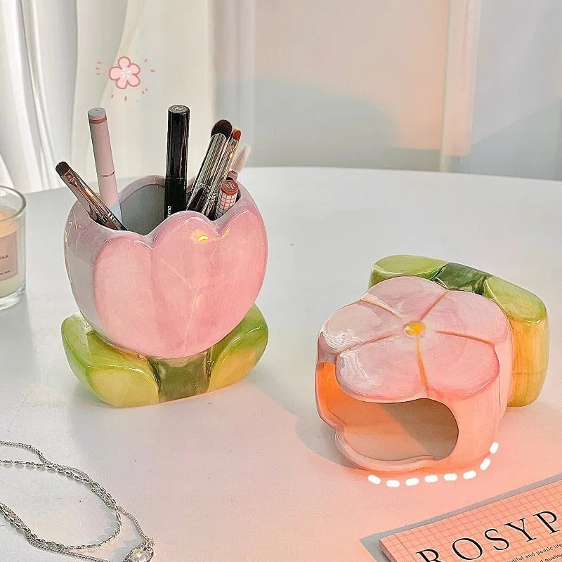 Ceramic flower pen holder storage box with decorative patterns in five colour options