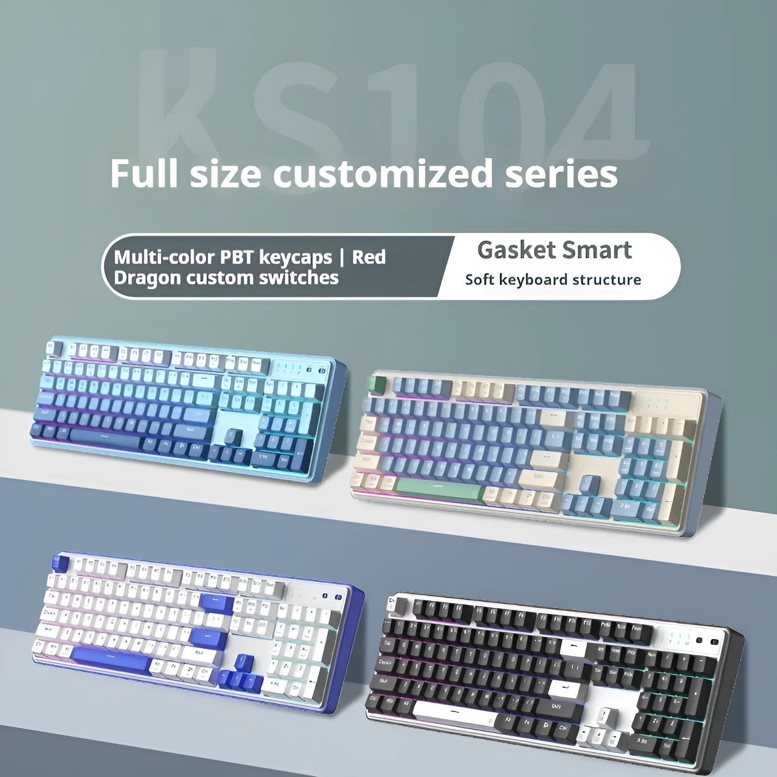 Red Dragon three-mode mechanical keyboard with full 104-key layout in multiple colour options
