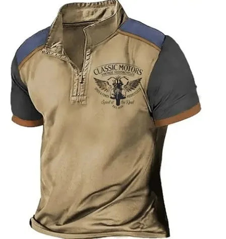 Loose-fit solid colour golf polo shirt made from bird eye cloth, shown in a casual setting.