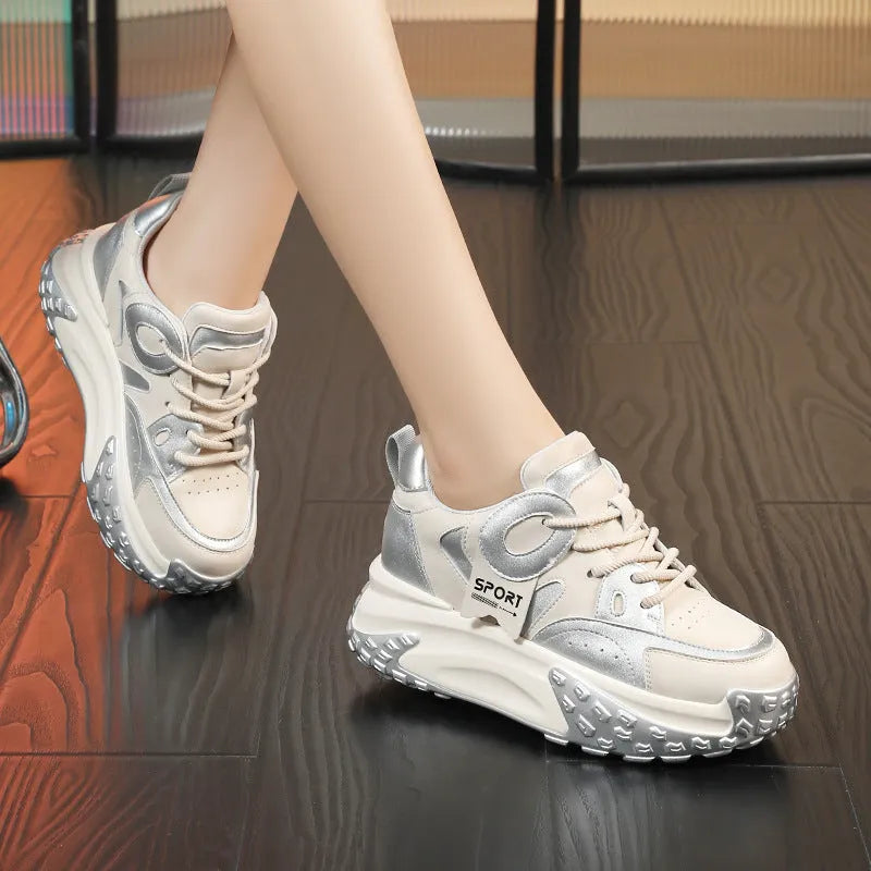 Thick-soled leather sports casual shoes with wedge heel and round toe in four colour options