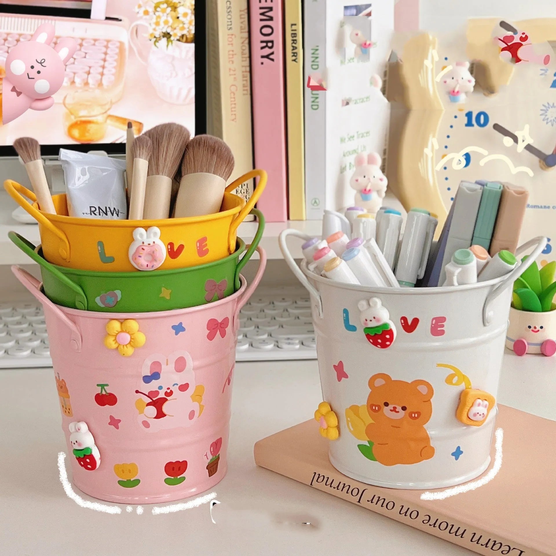 Round metal pen holder with creative iron art design in multiple colour options on a desk