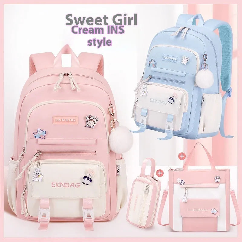 Girls' waterproof school backpack in Oxford cloth with curved shoulder straps, shown in a solid colour.