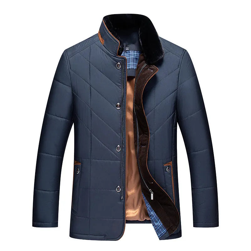 Men's solid colour winter coat with cotton filler and side seam pockets in dark blue, wine red or dark green