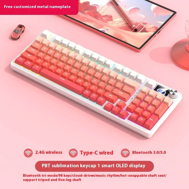 98 key wireless Bluetooth mechanical keyboard with display screen and metal knob