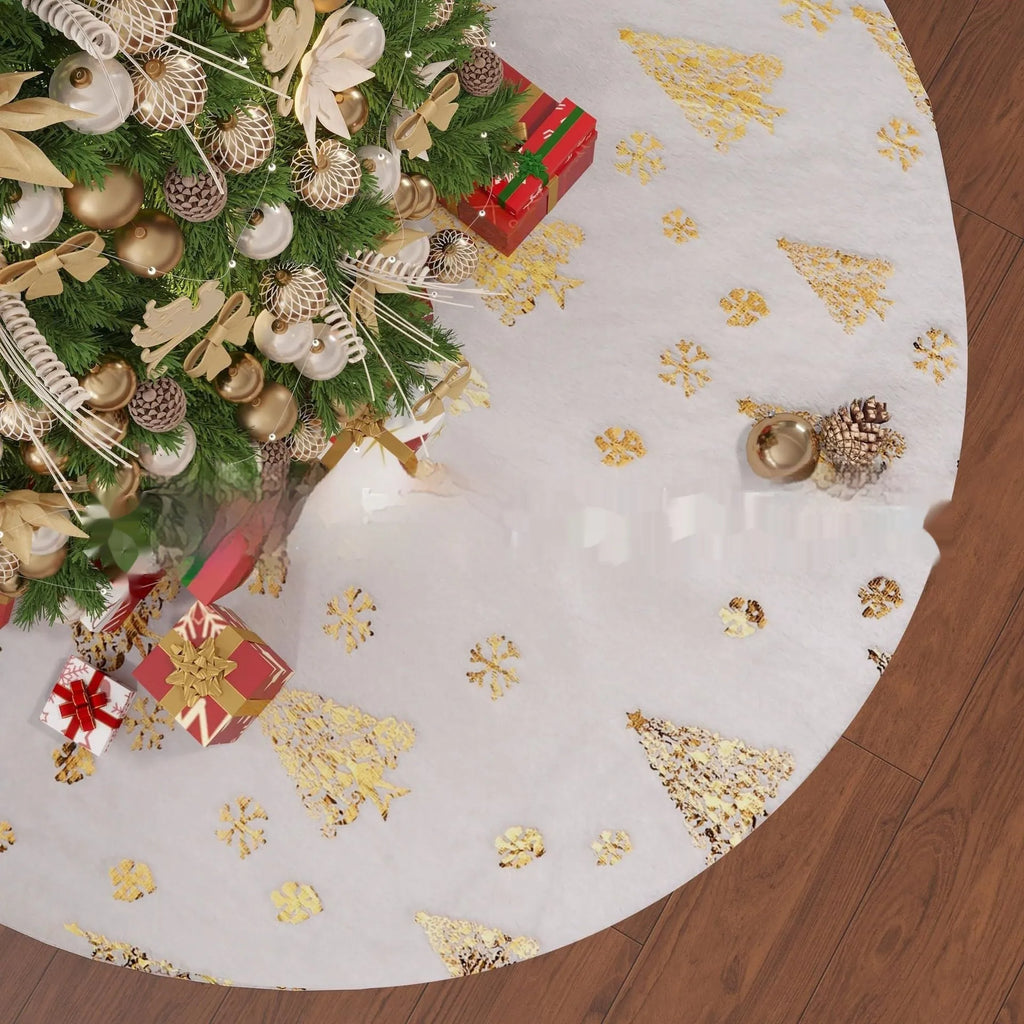 Plush Christmas tree style rug mat on floor in one of four available sizes.